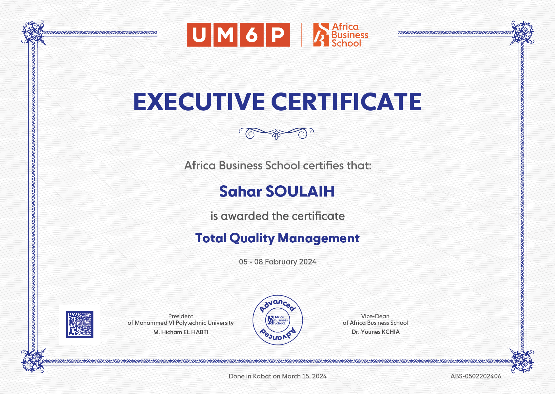 Diplome de Sahar SOULAIH en Total Quality Management à Africa Business School