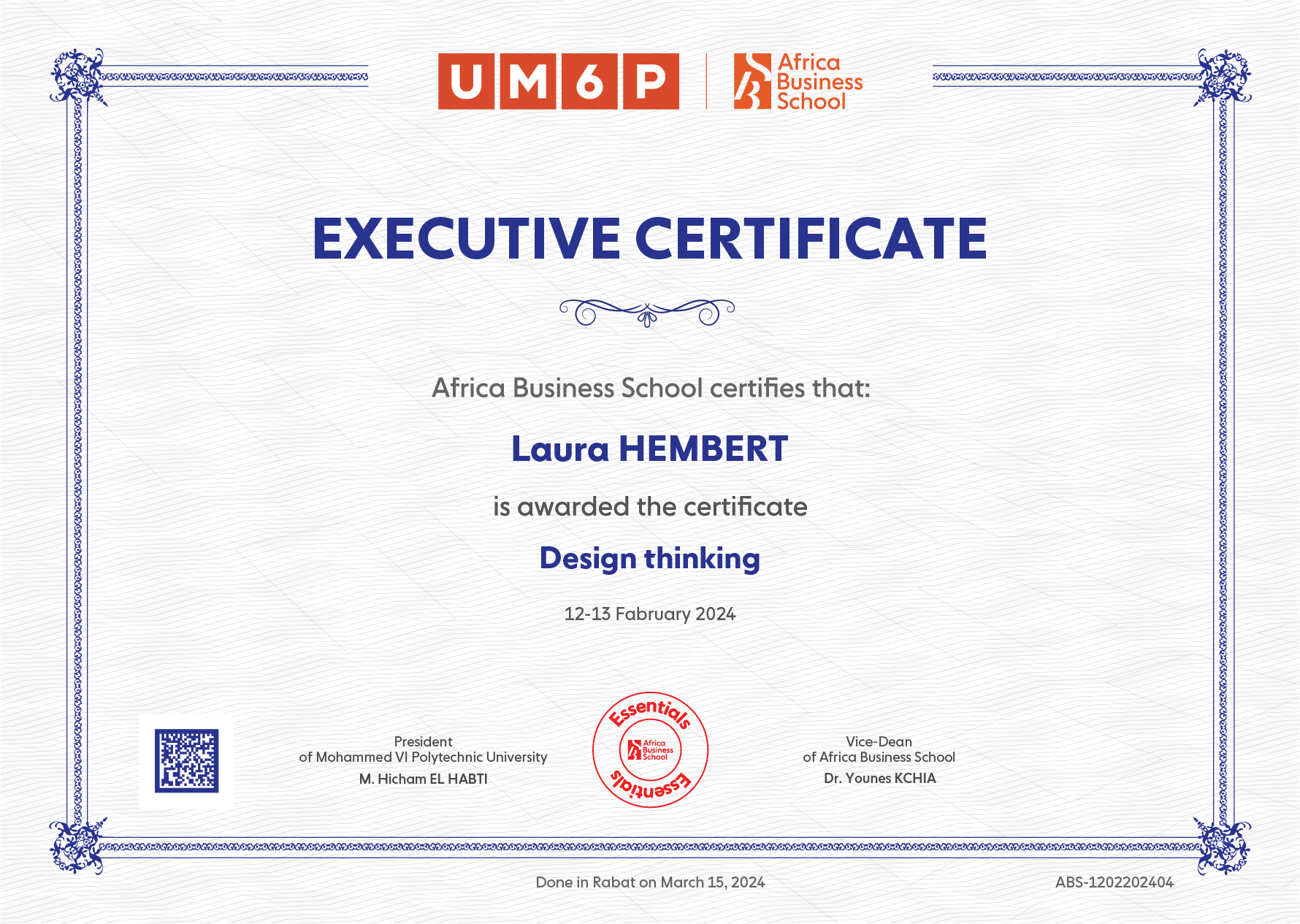Diplome de Laura HEMBERT en Design thinking  à Africa Business School