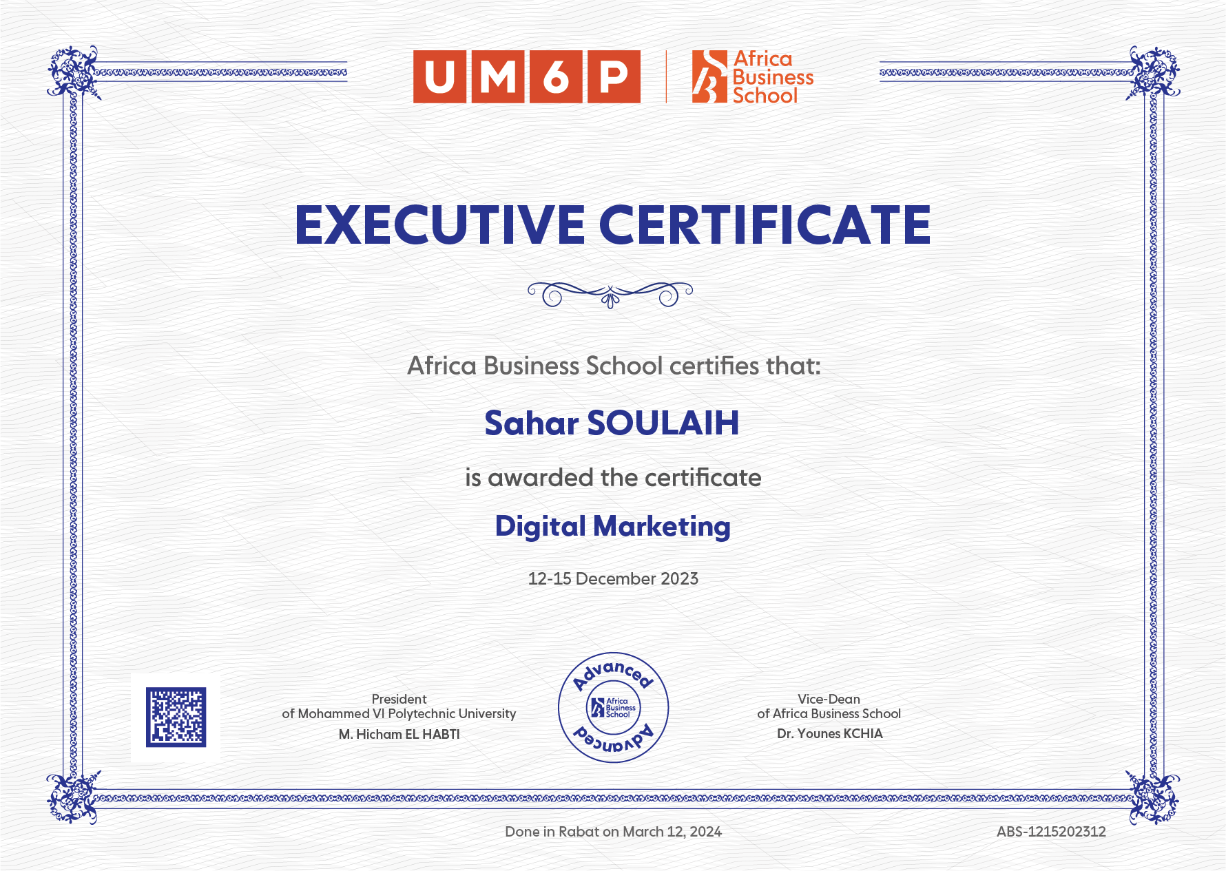 Diplome de Sahar SOULAIH en Digital Marketing  à Africa Business School