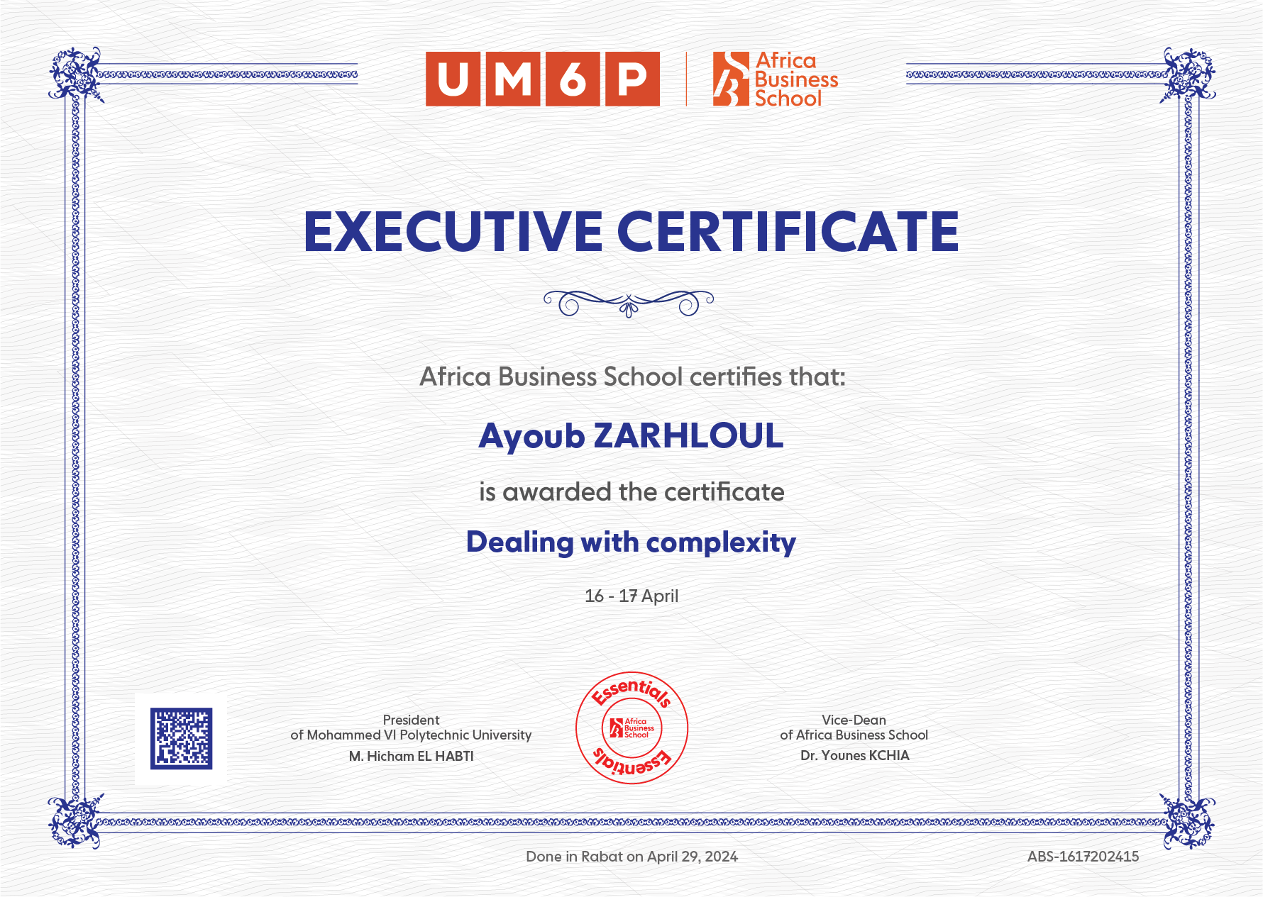 Diplome de Ayoub ZARHLOUL en Dealing with complexity à Africa Business School