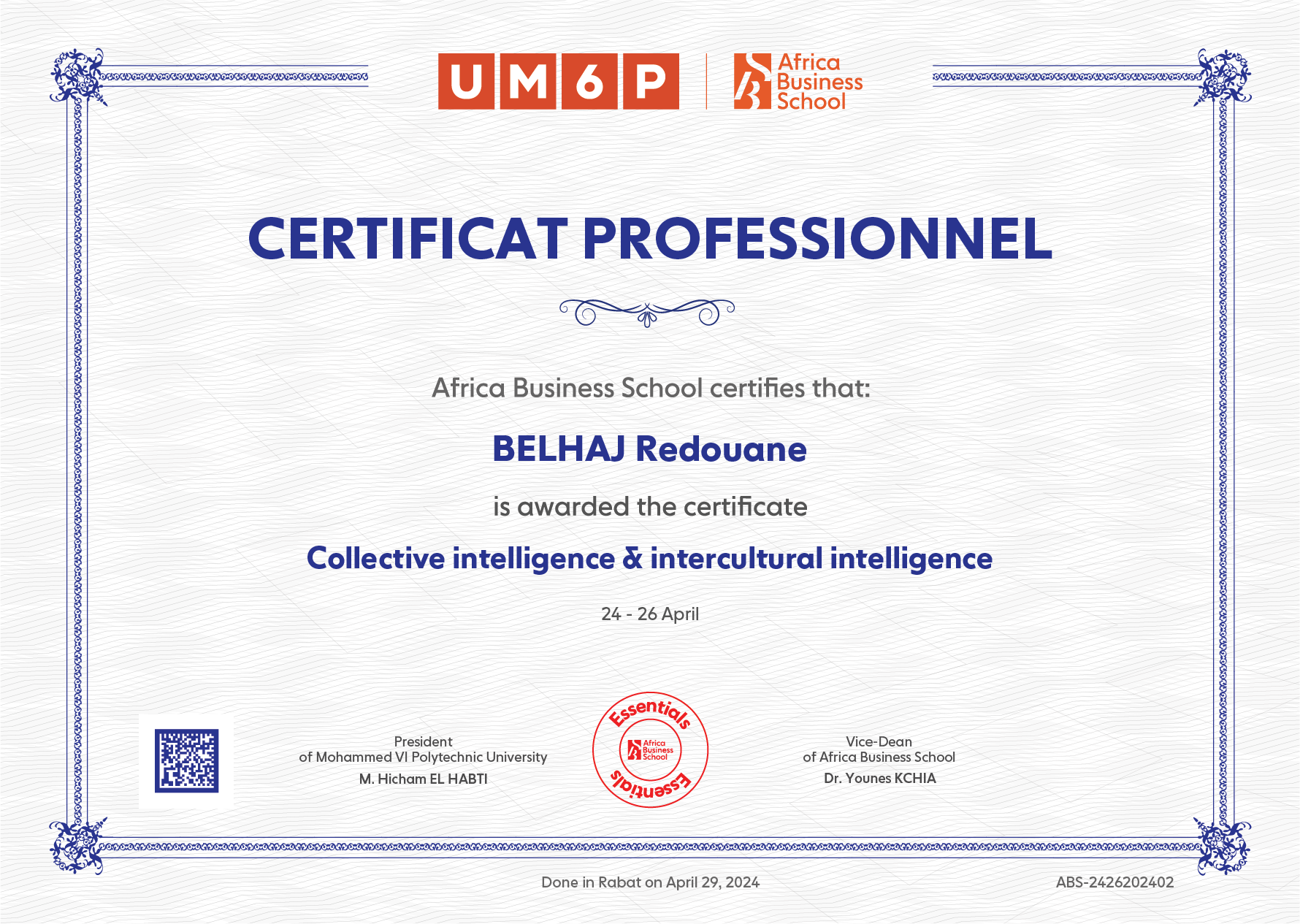 Diplome de Redouane BELHAJ en Collective intelligence & intercultural intelligence à Africa Business School