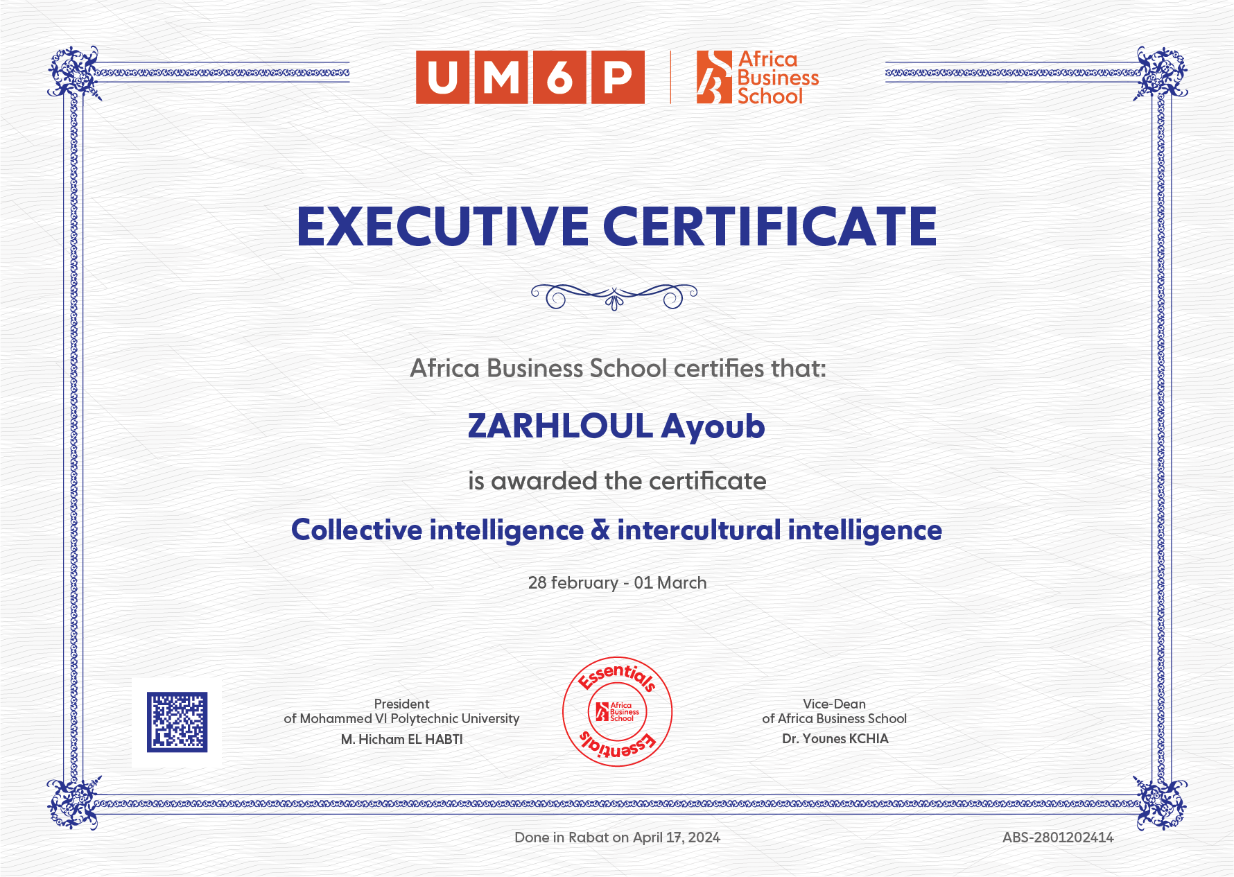 Diplome de Ayoub ZARHLOUL en Collective intelligence & intercultural intelligence à Africa Business School