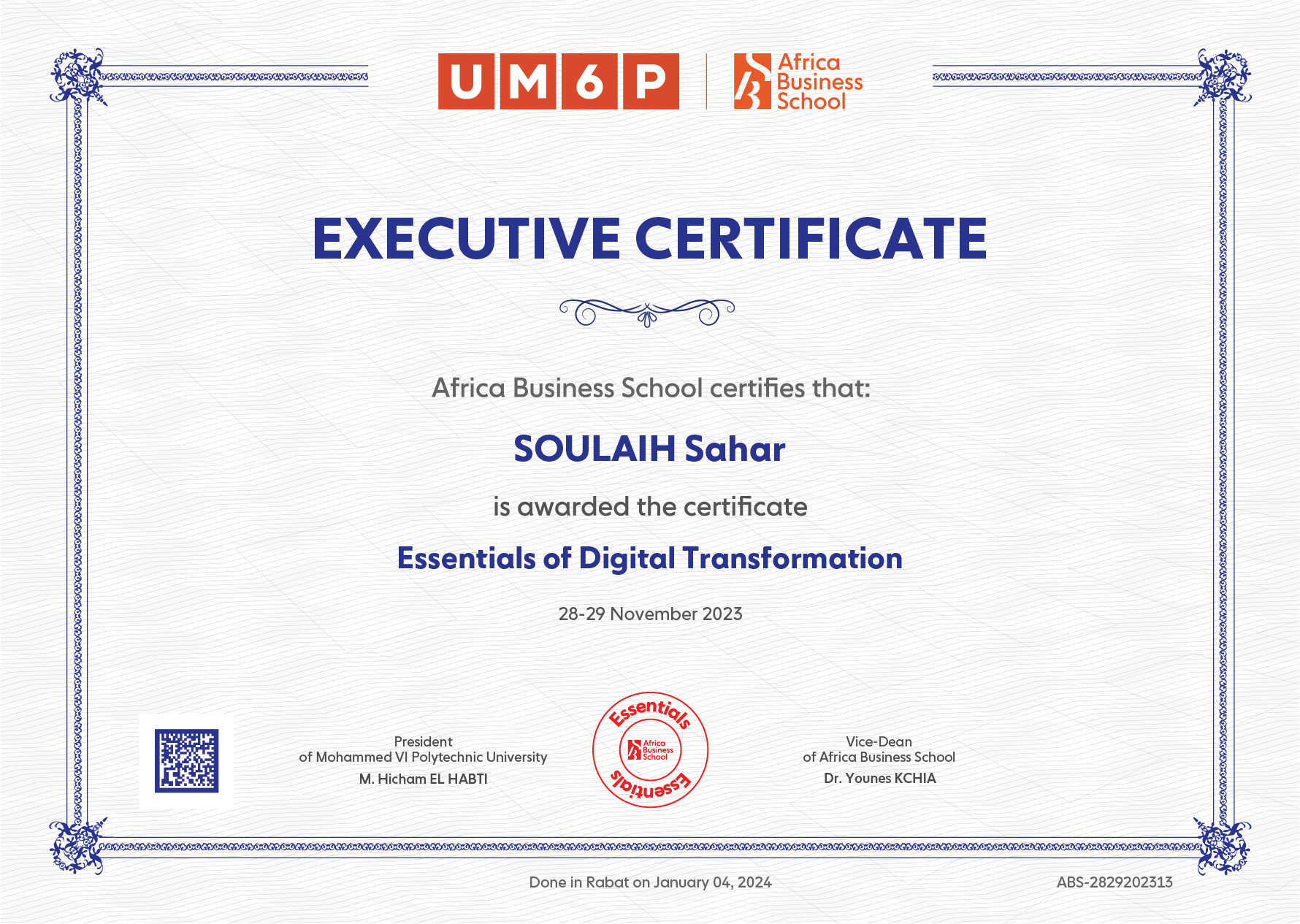 Diplome de Sahar  SOULAIH en Essentials of Digital Transformation à Africa Business School