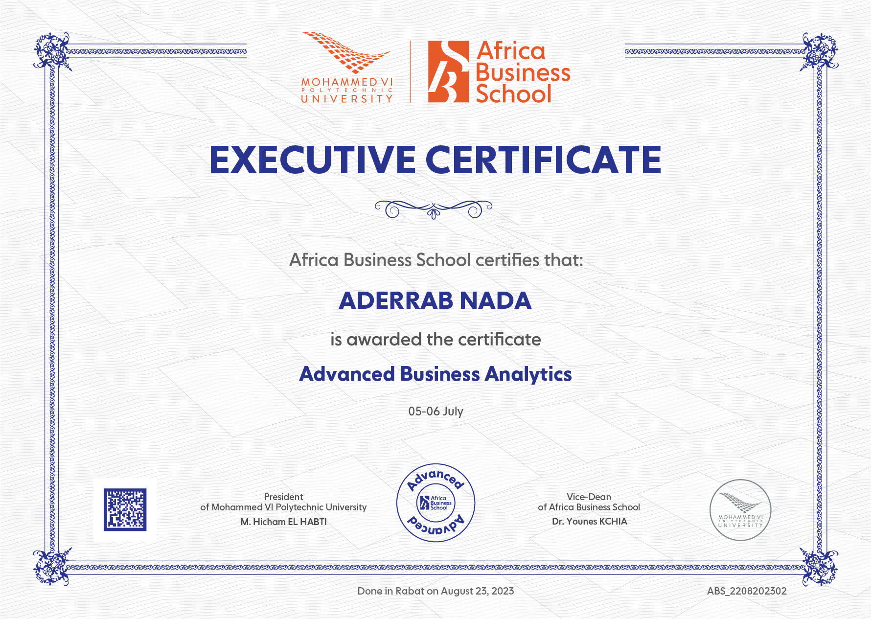 Diplome de Nada ADERRAB  en Advanced Business Analytics à Africa Business School