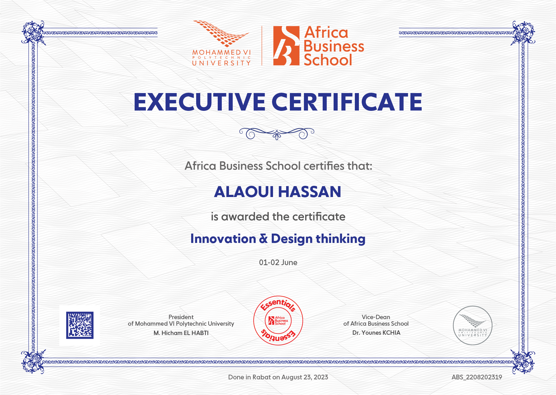 Diplome de Hassan ALAOUI  en Innovation & Design thinking  à Africa Business School
