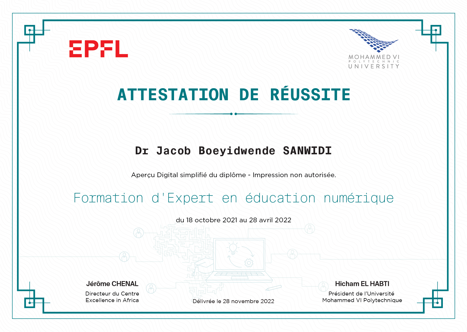 Diplome de Dr Jacob Boeyidwende SANWIDI en Formation d'Expert en Éducation Numérique à École Polytechnique Fédérale de Lausanne