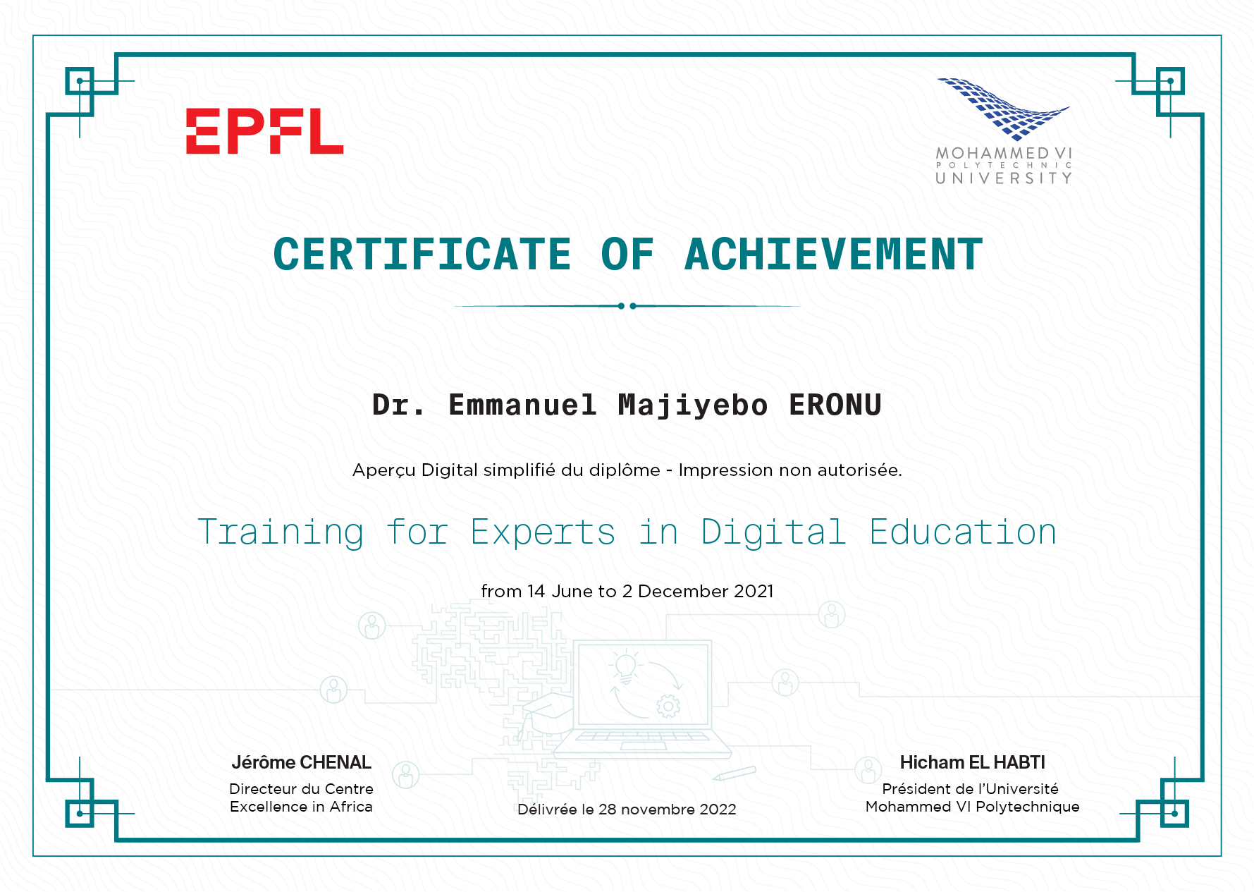 Diplome de Dr. Emmanuel Majiyebo ERONU en Training for Experts in Digital Education à École Polytechnique Fédérale de Lausanne